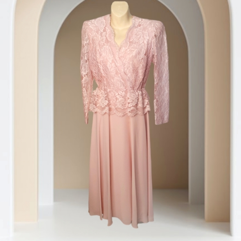 URSULA of SWITZERLAND Pink Lace Faux Layered Wrap Jacket Peplum Formal Dress